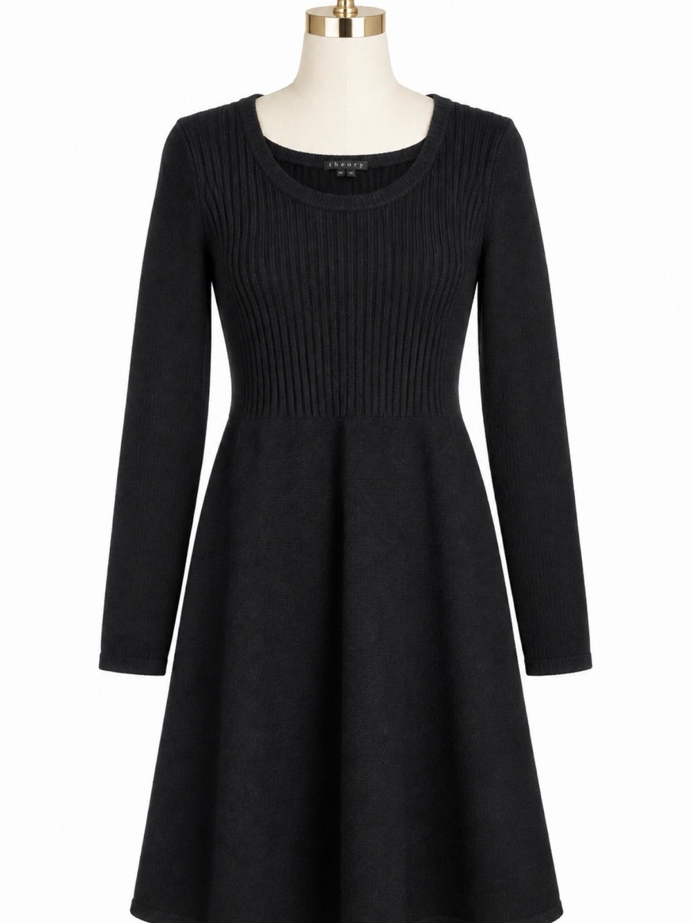 Theory 100% Cashmere Black Sweater Dress M Ribbed A-Line Quiet Luxury Minimalist